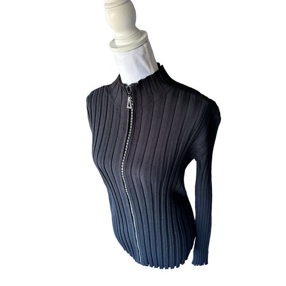 Belldini Sweater Cardigan Women Sz XL Black Full Zipper Rhinestones Stretch Knit - Picture 7 of 12